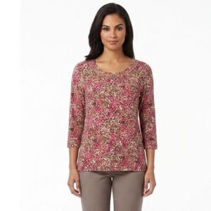 Laura Ashley Womens NWOT Pink Olive Abstract Dot Brass Stud 3/4 Sleeve Top Sz M